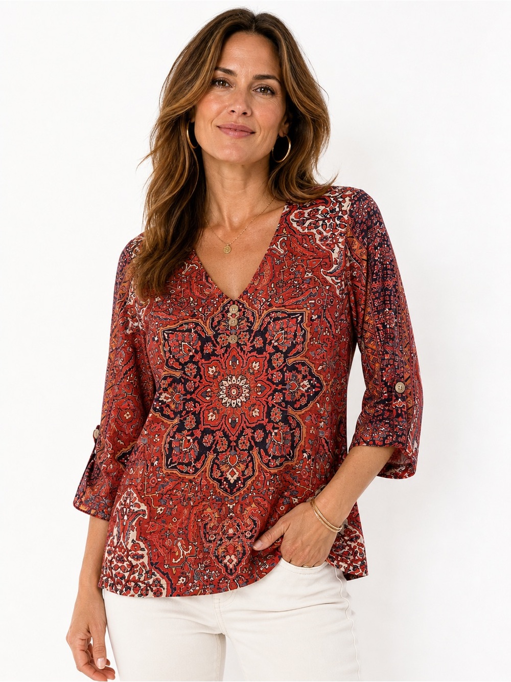 Red Exclusive Red Boho Mandala Print, 3/4 Roll-Tab Sleeve, V-Neck Blouse - 0489